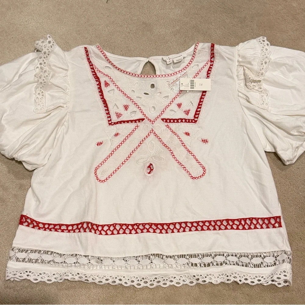 NWT By Anthropologie Puff Sleeve Cutwork Top with red embroidery Sz XL